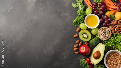 Healthy food clean eating selection. Fruits and vegetables, superfoods, top view, copy space