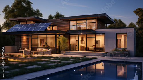 Eco-friendly beauty of contemporary home adorned with solar panels. Generative AI