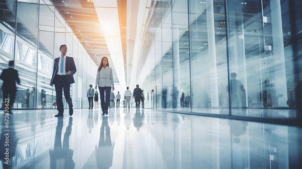 Blurred group of business people walking in a modern office banner. Crowd of business people walking in office fast moving with blurry business decks glass fronts