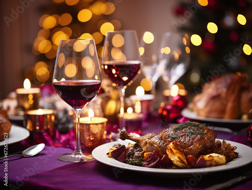 Festive Holiday Dinner Setting with Roasted Chicken and Red Wine with Christmas Lights in Background