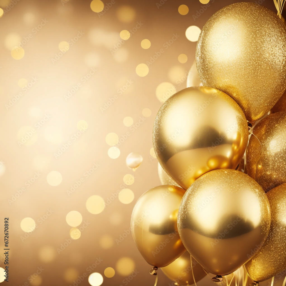 Shimmering Elegance: Gold Balloons with Ribbons Sparkling on Bokeh Background