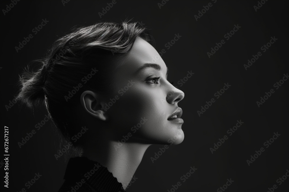 Portrait of young woman in profile close up, Black and white, Low key - obrazy, fototapety, plakaty 