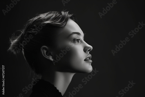 Portrait of young woman in profile close up, Black and white, Low key photo