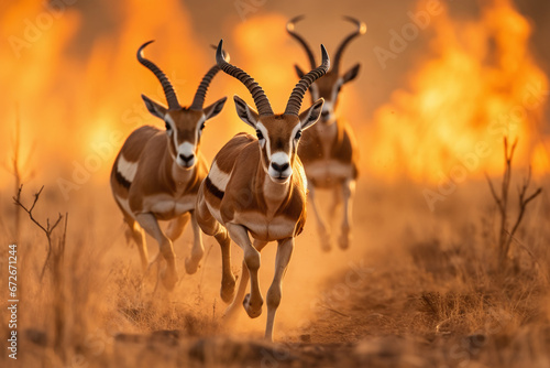 Impalas Fleeing Through the Savanna as a Wildfire Rages in the Background