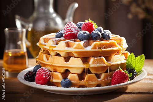 Stack of Homemade Belgian Waffles Adorned with Powdered Sugar, Fresh Blueberries, Raspberries, Blackberries, and a Drizzle of Syrup