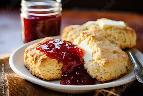 Freshly Baked Buttery Scones Topped with Clotted Cream and Strawberry Jam Served on a Rustic Plate