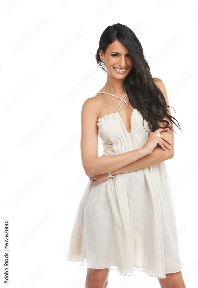 Portrait, fashion and happy woman with arms crossed in dress in studio isolated on a white background mockup. Smile, confident model and person in formal clothes, elegant or style for party in Brazil Portrait, fashion and happy woman with arms crossed in dress in studio isolated on a white background mockup. Smile, confident model and person in formal clothes, elegant or style for party in Brazil