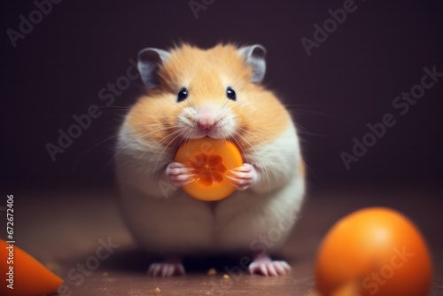Close up picture of hamster eats food.