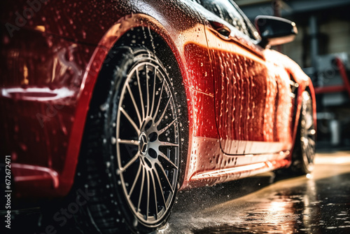 Red Sportscar's Wheels Covered in Shampoo Being Rubbed by a Soft Sponge at a Stylish Dealership Car Wash, Performance Vehicle Being Washed in a Detailing Studio © alisaaa