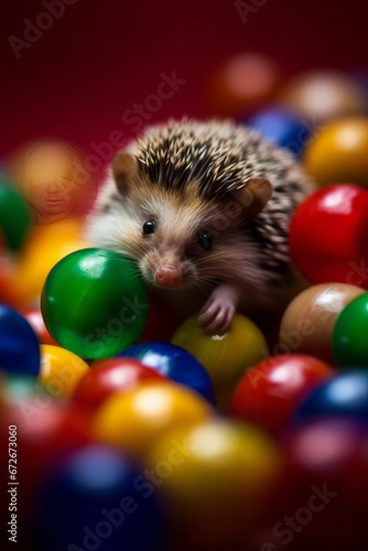 Hedgehog playing with colorful balls