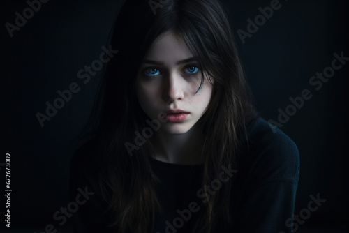 Sad looking girl in front of black background © alisaaa