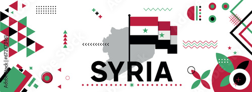 Syria national or independence day banner design for Syrian celebration. Flag and map of Syria with modern retro design and abstract geometric icons. Vector illustration	