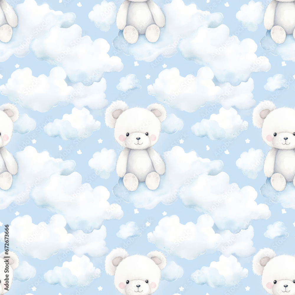 A watercolor seamless pattern of a white teddy bear sitting in the clouds.
A watercolor seamless pattern of a white teddy bear sitting in the clouds.