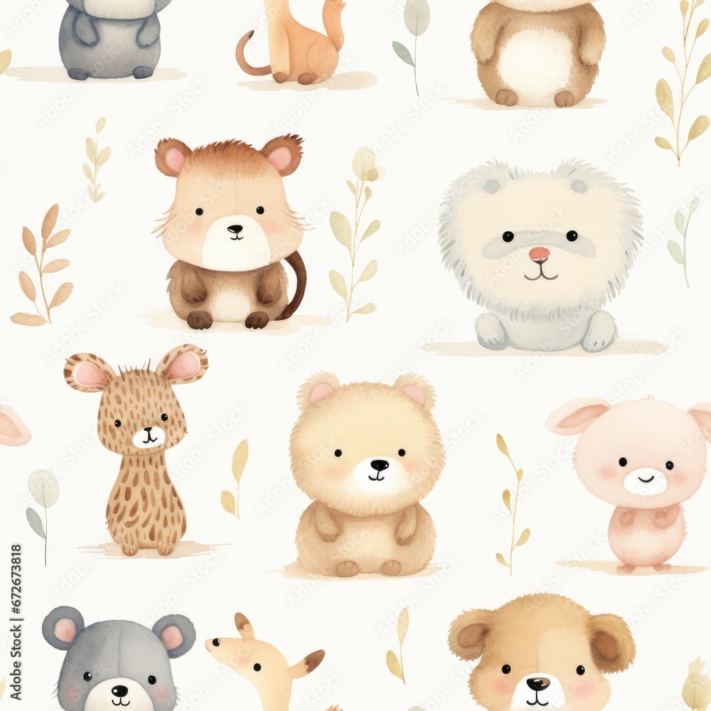 Fototapeta premium An Adorable Seamless Pattern of Watercolor Animal on Beige Background