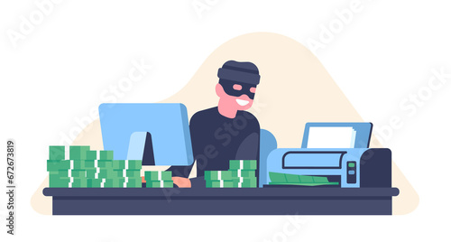 Counterfeiting money. Counterfeiter prints counterfeit cash on printer. Dollar banknotes stacks. Illegal finance. Fake currency. Criminal at computer. Financial fraud. png concept