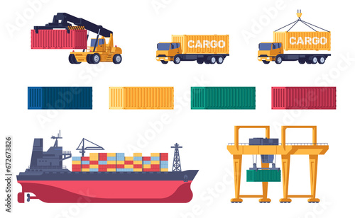 Seaport equipment. Seagoing cargo ship. Container loaders with cranes. Automobile trucks. Marine transport loading. Hook lifting metal boxes. Freight transportation elements png set
