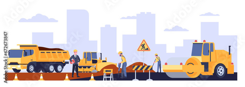 Road works on construction of new highway with special equipment. Workman in overalls. Workers brigade repairing street. Truck and paver. Asphalt laying. Roadway renovation. png concept photo