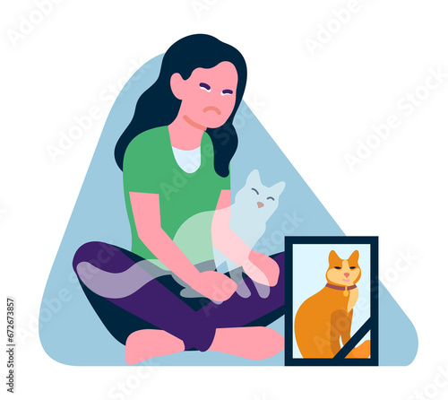 Woman is crying because she misses her dead cat. Girl mourning kitty. Pet owners despair and sadness. Memorial photo picture for deceased domestic animal. Ghost kitten. png concept