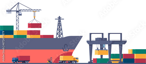 Fototapeta Naklejka Na Ścianę i Meble -  Unloading of sea containers onto trucks at port from cargo ship. Freight terminal. Industrial equipment. Loader machinery. Hook lifting metal boxes. Transport loading. png concept