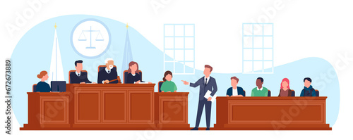 Trial in courtroom. Lawyer asks questions to witness. Courthouse interior. Judge and jury at wooden tribunes. Law tribunal. Prosecutor and defendant attorney. png jurisdiction concept photo