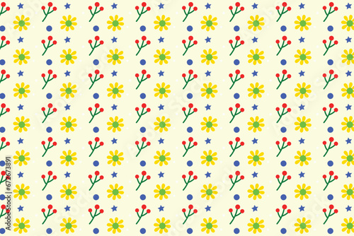 seamless pattern with colorful confetti. abstract flower background. Kids texture. Yellow backdrop. Spots and floral elements. Minimal circles. Plant leaves. Vector trendy illustration.