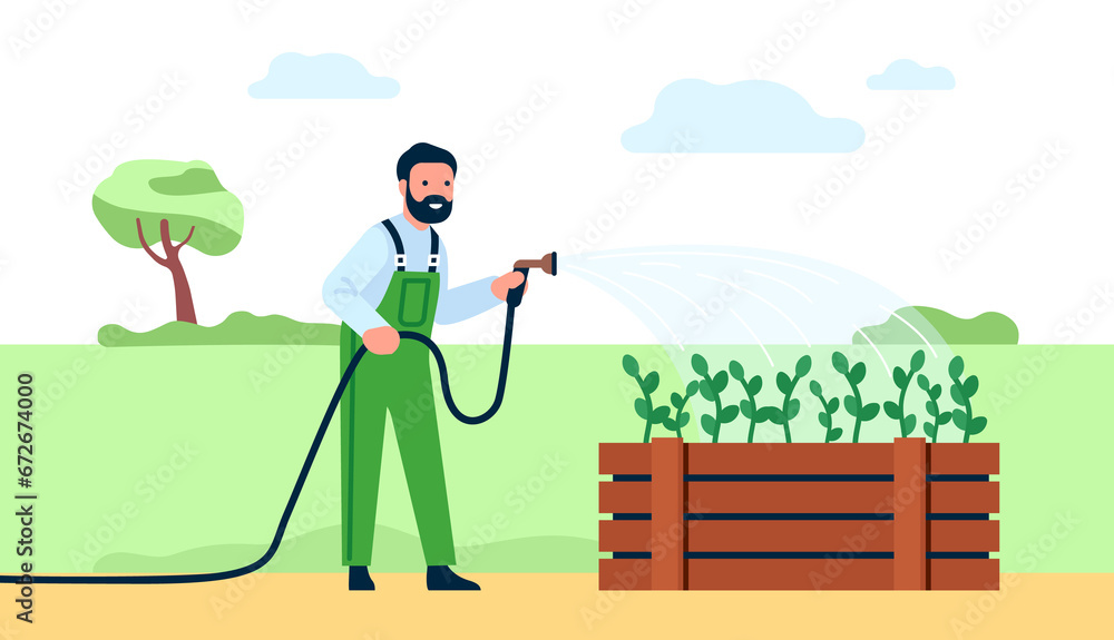 Male gardener waters his plants in bed. Farmer spraying seedlings with hose. Agriculture workers in overalls. Flowers irrigation. Man watering vegetables. Gardening work. png concept