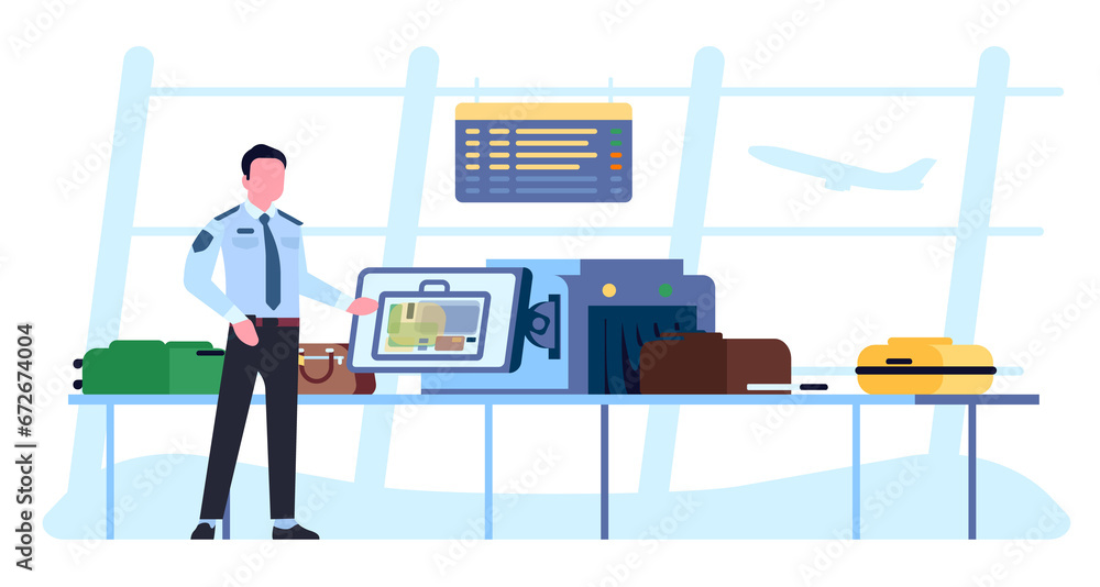Security at airport. Guard scanning passenger luggage on special scanner. X-ray detector terminal. Officer checking suitcases. Tourist bags on conveyor. Baggage control. png concept
