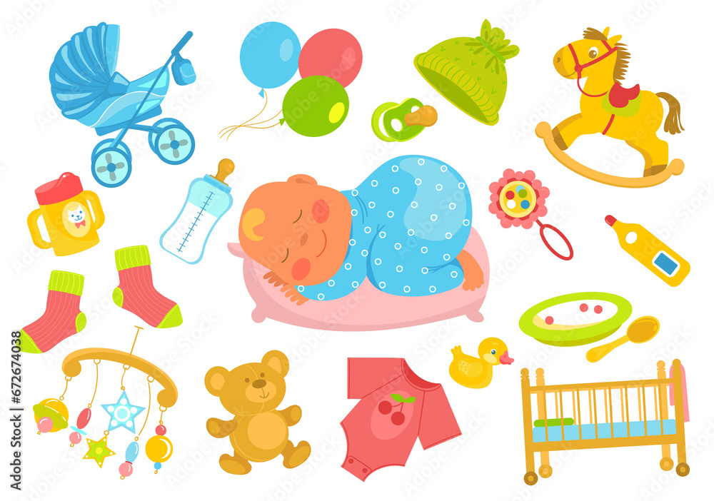 Baby accessories. Sleeping newborn. Different care supplies. Milk bottle. Bed and stroller. Childish feeding. Funny toddler products. Toys and romper. Plush bear. Splendid png set