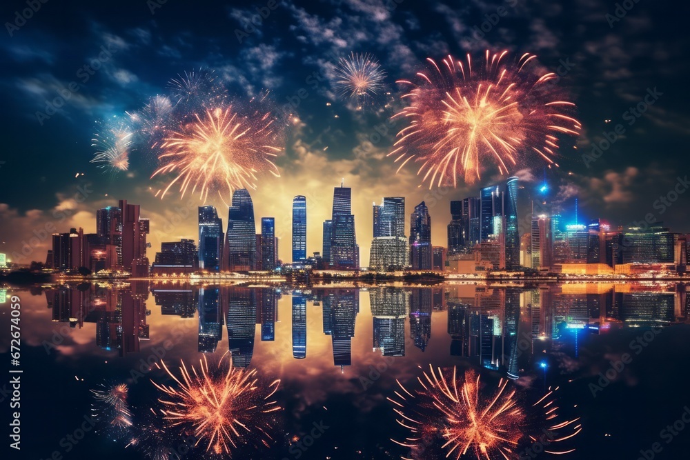 Fireworks in big cities on New Year's Day celebrations - obrazy, fototapety, plakaty 