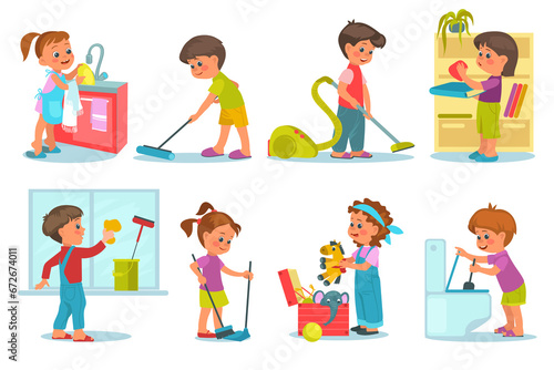 Smiling kids cleaning home. Little children wash and vacuum floors. Girl with mop and broom. Baby folding toys and books. Household chores. Housekeeper activities. Splendid png set photo