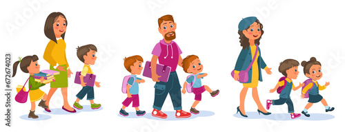 Cartoon parents with children walk. Adults accompany students. School year beginning. Kids with backpacks go to study. Babies accompaniment by mother and father. Splendid png set