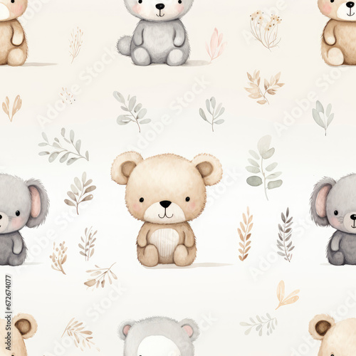 An Adorable Seamless Pattern of Watercolor Bears on Beige Background