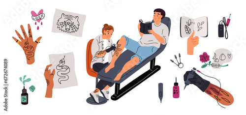 Tattoo salon professional tools. Artistic studio elements. Tattooist with client on armchair. Ink bottles and tattooing needle machines. Sketch pages. Master work. Garish png set photo
