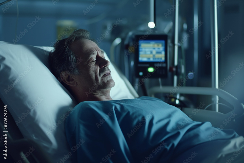 Senior man sleeping in a hospital bed or ICU due to an emergency cancer