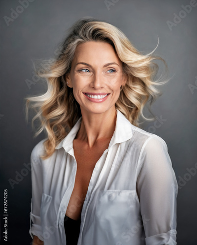 Beautiful blonde woman, middle aged model smiling. Healthy beauty, perfect hair, facial skin and teeth, model for cosmetics and dentistry.