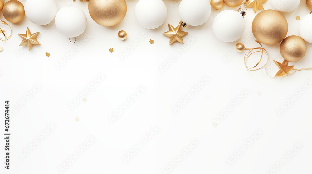 Białe świąteczne tło na życzenia lub baner z ozdobami bożonarodzeniowymi - bombki, gwiazdki, dekoracje choinkowe. Wesołych Świąt Bożego Narodzenia - obrazy, fototapety, plakaty 