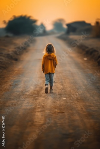A little child walks on the road alone.