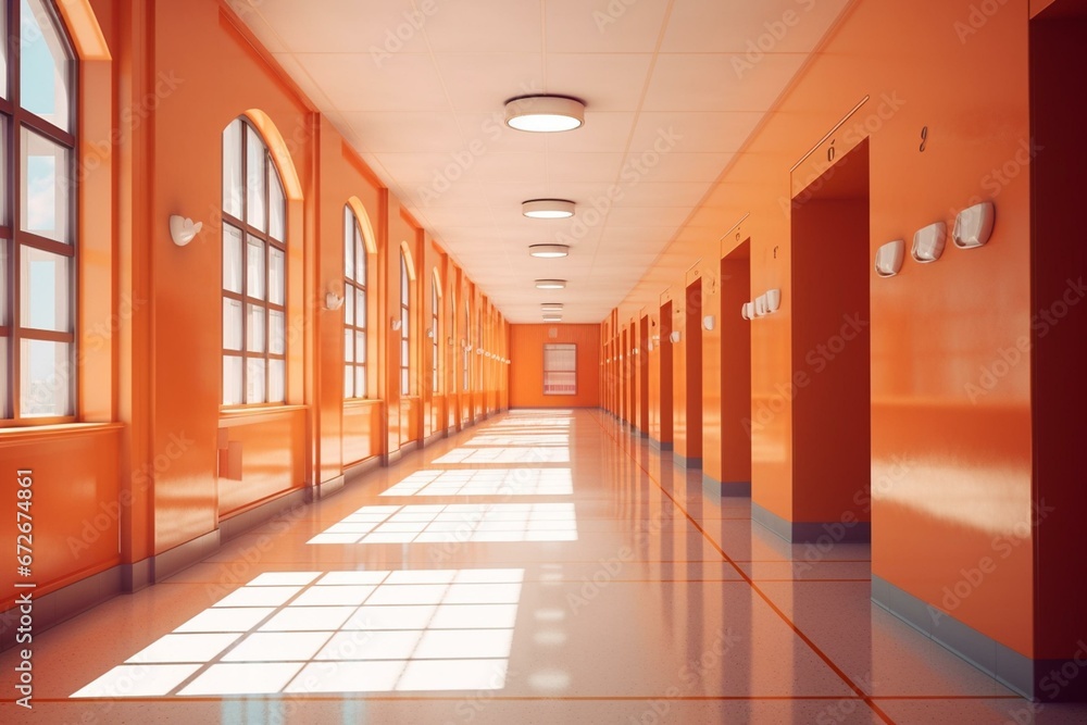 Bright school corridor with empty space. Generative AI