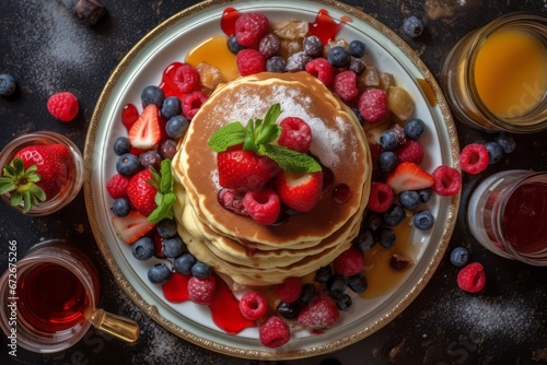 Pancakes with mixed fruit, honey and ingredients.