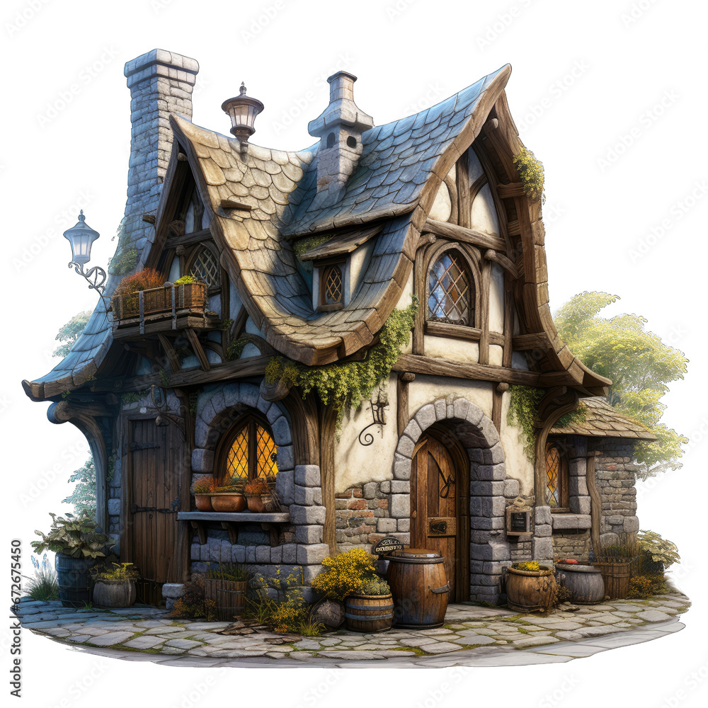 Medieval House Isolated on Transparent or White Background, PNG