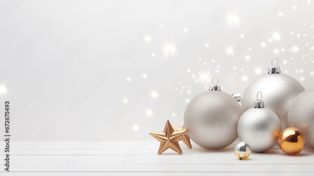 Białe świąteczne tło na życzenia lub baner z ozdobami bożonarodzeniowymi - bombki, gwiazdki, dekoracje choinkowe. Wesołych Świąt Bożego Narodzenia - obrazy, fototapety, plakaty 