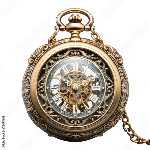 Intricately Designed Pocket Watch with a Long Chain Isolated on Transparent or White Background, PNG