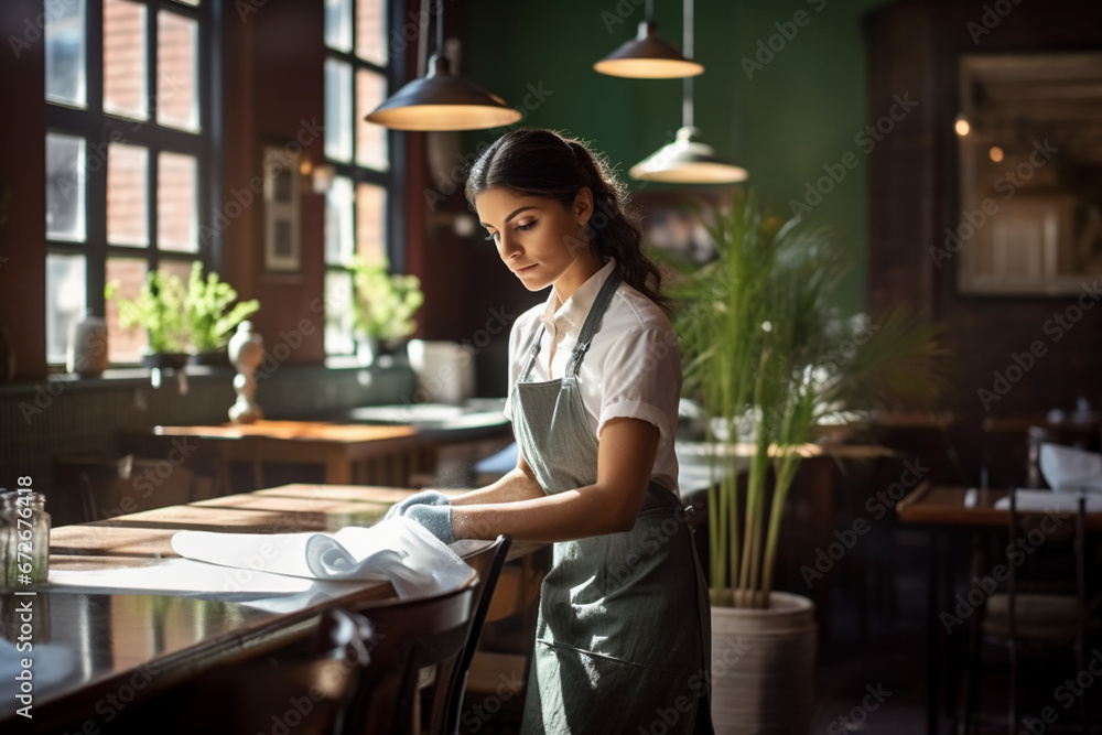 Shot of a young woman disinfecting the tables while working in a restaurant 