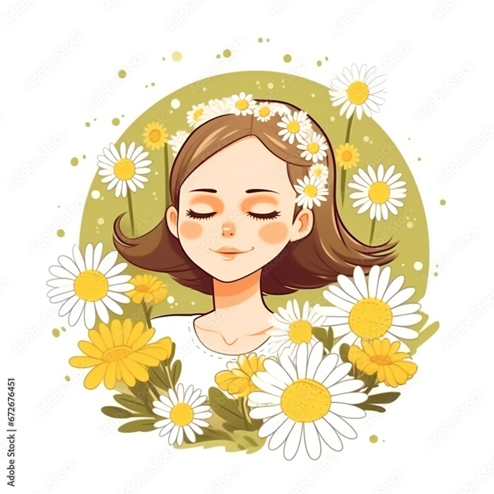 Girl with eyes closed, and Camomile flowers around Herbal hair treatment and care. Concept of health and beauty trends Girl with eyes closed, and Camomile flowers around Herbal hair treatment and care. Concept of health and beauty trends