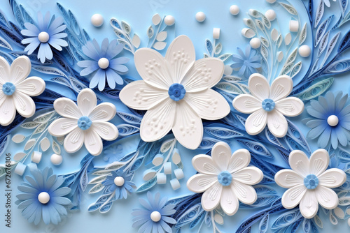Paper flowers and leaves background. 3D illustration. Top view.