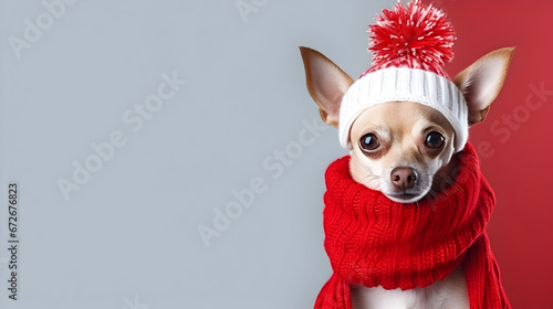 Chihuahua dog wearing a red scarf and hat, Cute dog dressed in a red scarf and hat © VisionCraft