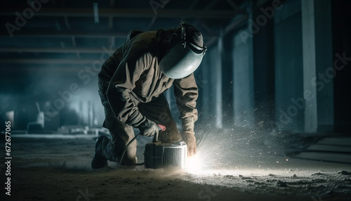 Expert welder in protective mask works with steel machinery indoors generated by AI