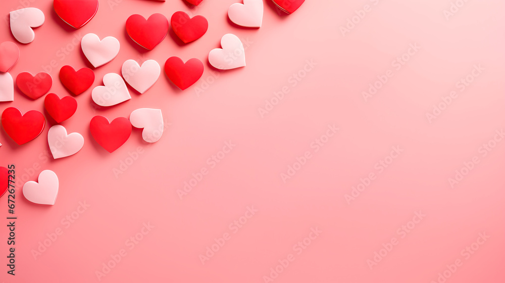 Valentine's Day. Pink hearts, flat lay, background with empty space in the center. Love concept. Lots of decorative hearts on a light background. For postcards