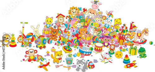 Big colorful pile of funny toys, holiday gifts and sweets for little children, vector cartoon illustration isolated on a white background