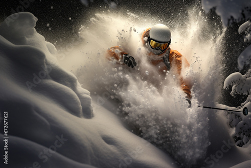 Skier gets air in deep powder snow covered forest